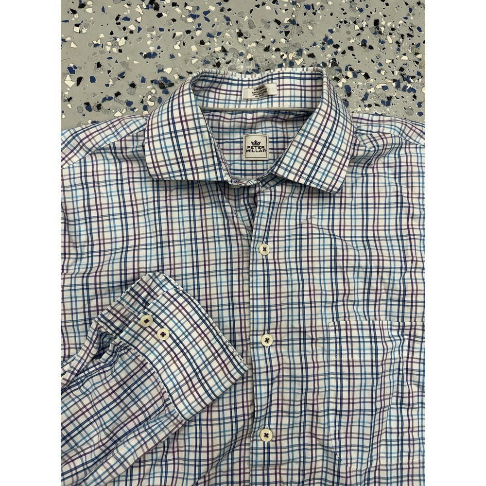 Peter Millar Button Up Dress Shirt Multicolor Plaid Men's‎ Size Medium Used